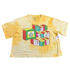 NWT Disney Parks Walt Disney World Medium Yellow Tie Dye Cropped Graphic T-Shirt